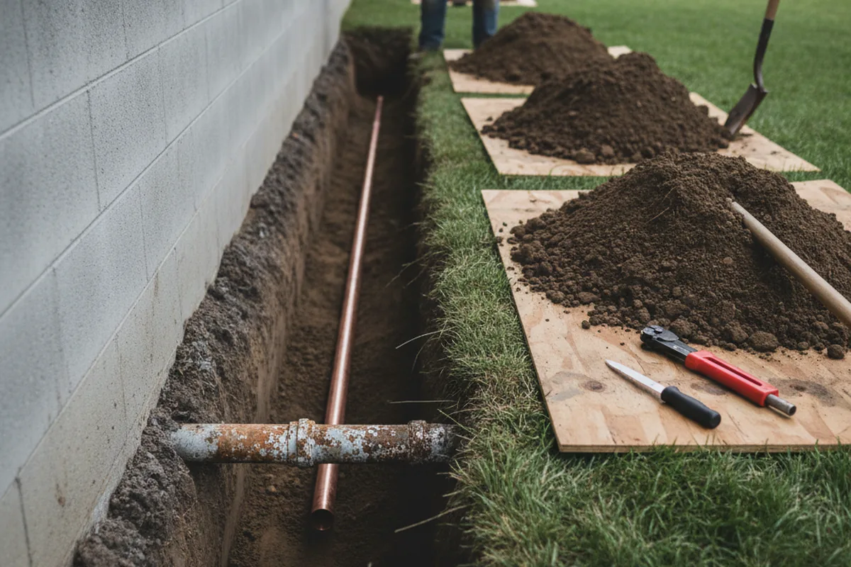 Excavated water line trench during Water Softener Installation in Fisher
